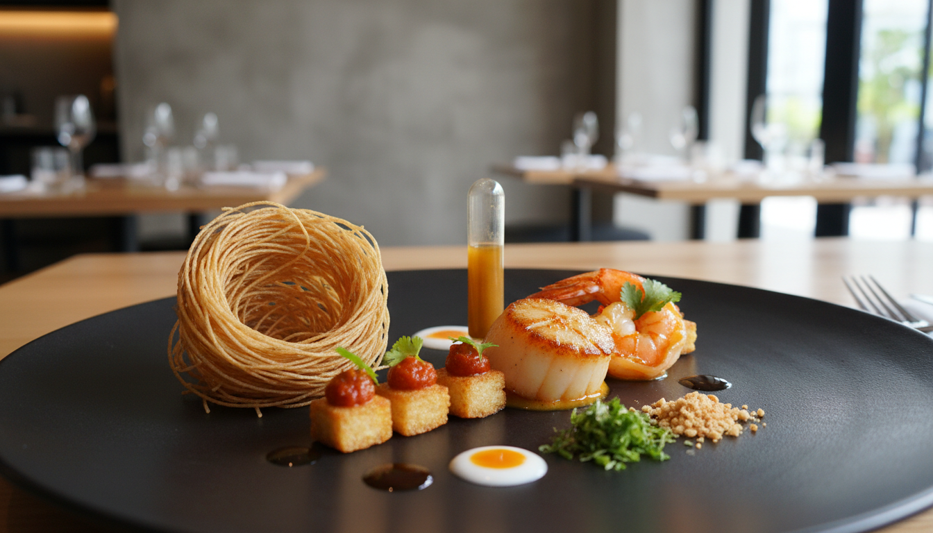 Image: An artfully plated Mod-Sin dish, visually stunning, showing recognizable Singaporean ingredients like a refined deconstructed laksa or elegant satay skewers, presented in a contemporary, minimalist restaurant setting with soft lighting.