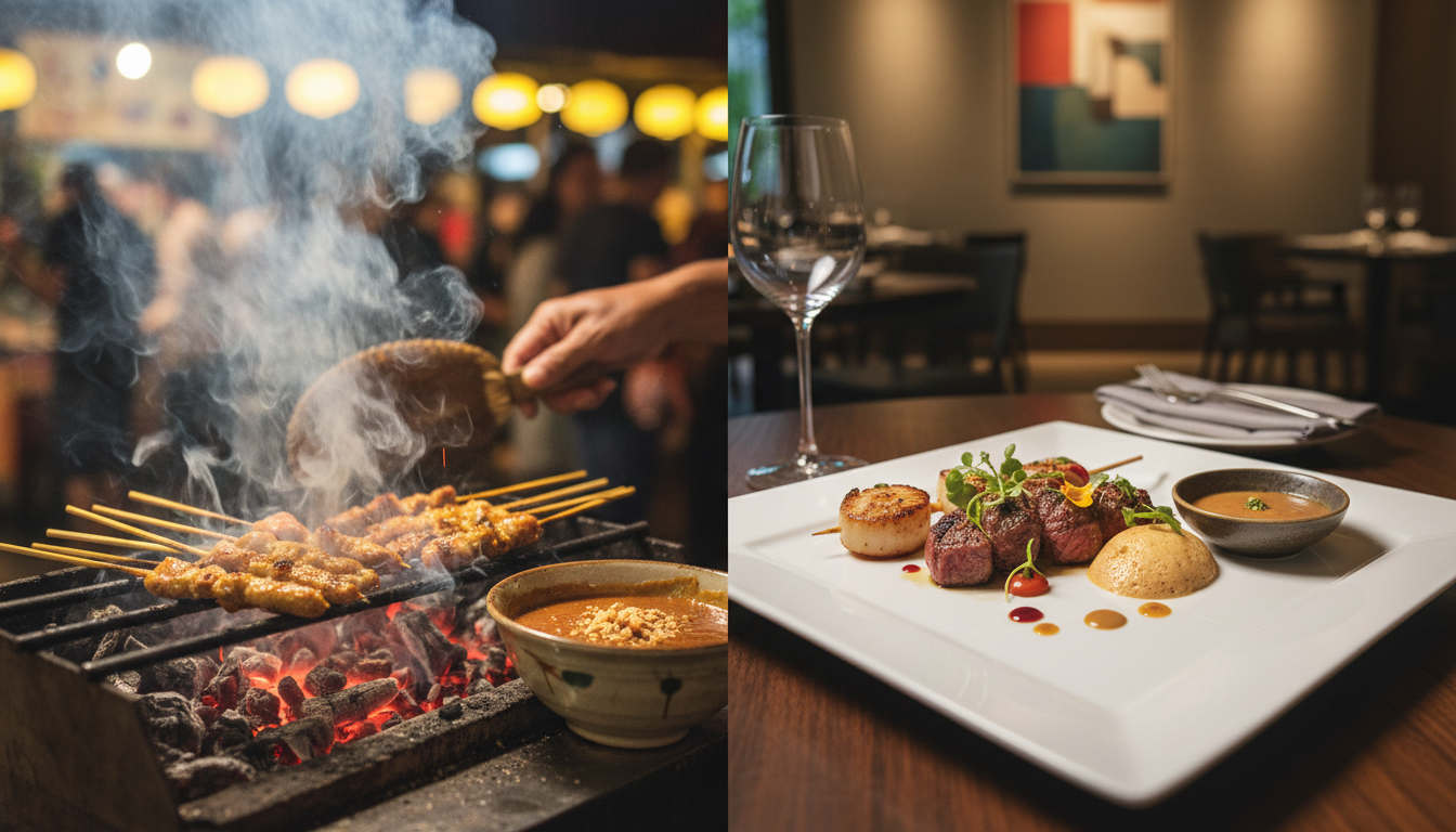 Image: A split image or juxtaposition. On one side, a close-up of traditional satay skewers grilling over glowing charcoal at a bustling hawker stall, smoke rising, with a bowl of classic peanut sauce. On the other side, an elegantly plated, modern interpretation of satay in a refined restaurant setting, featuring gourmet ingredients and artistic presentation.
