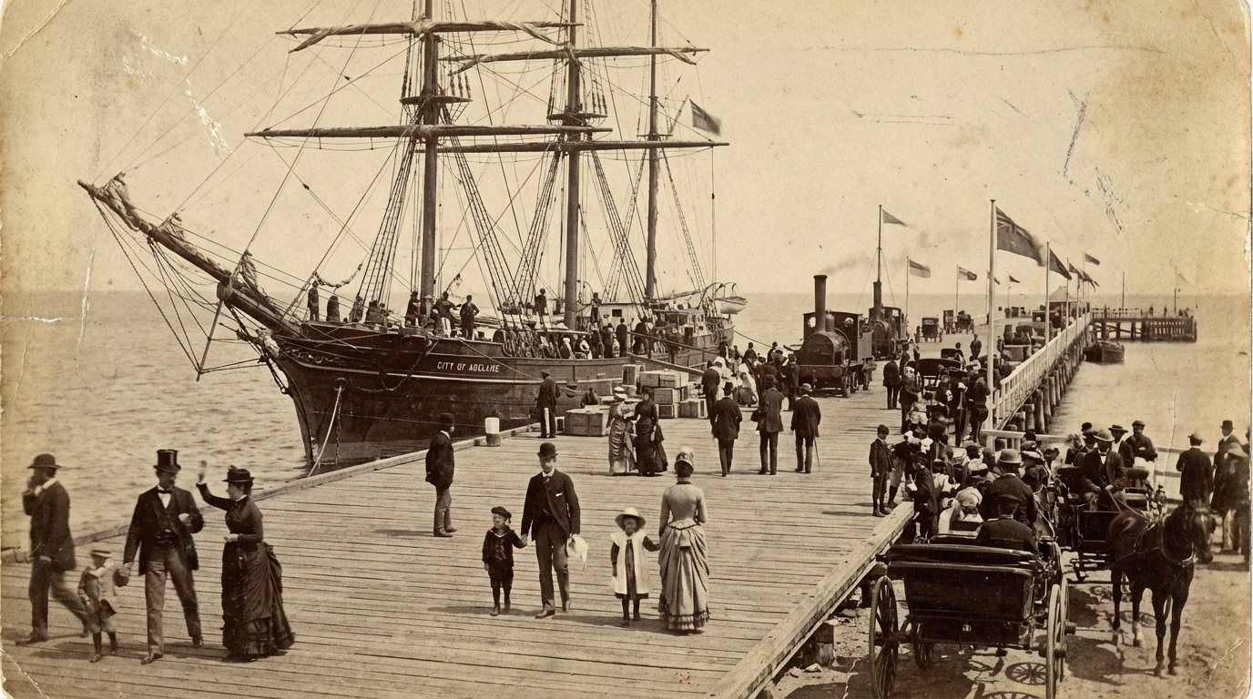 Image: A sepia-toned photograph of the historic Glenelg jetty in the late 19th century, with a tall-masted ship docked nearby and Victorian-era people strolling along the wooden planks, capturing a sense of arrival and historical significance.