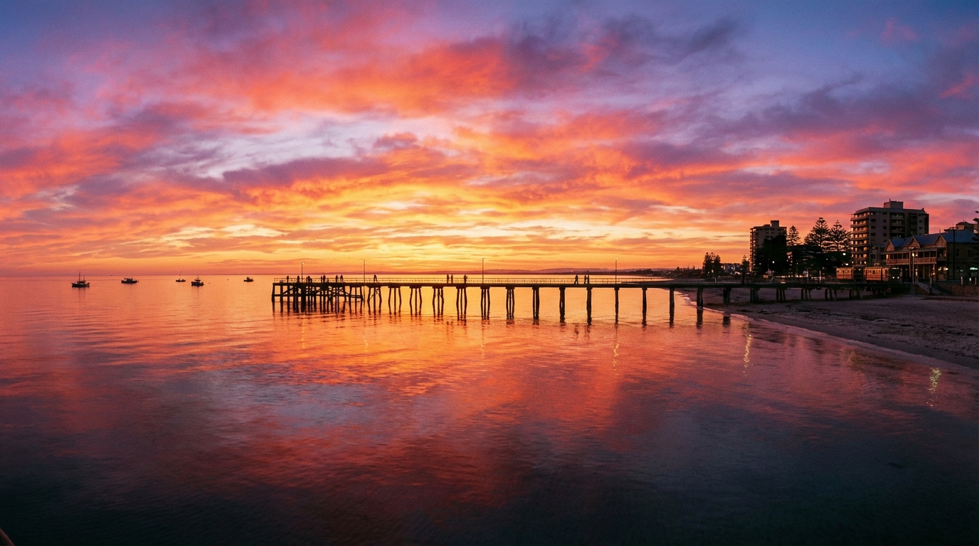 Image: A breathtaking wide-angle shot of Glenelg Jetty at sunset, with the sky ablaze in oranges, pinks, and purples reflecting on the calm ocean. Silhouetted figures are strolling along the jetty, and a few small fishing boats are visible in the distance.