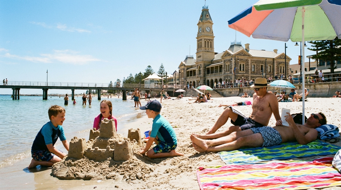 Image: A lively family scene on Glenelg Beach during the day, with children building sandcastles near the calm water, parents relaxing on towels, and the historic Glenelg Town Hall (Bay Discovery Centre) visible in the background.