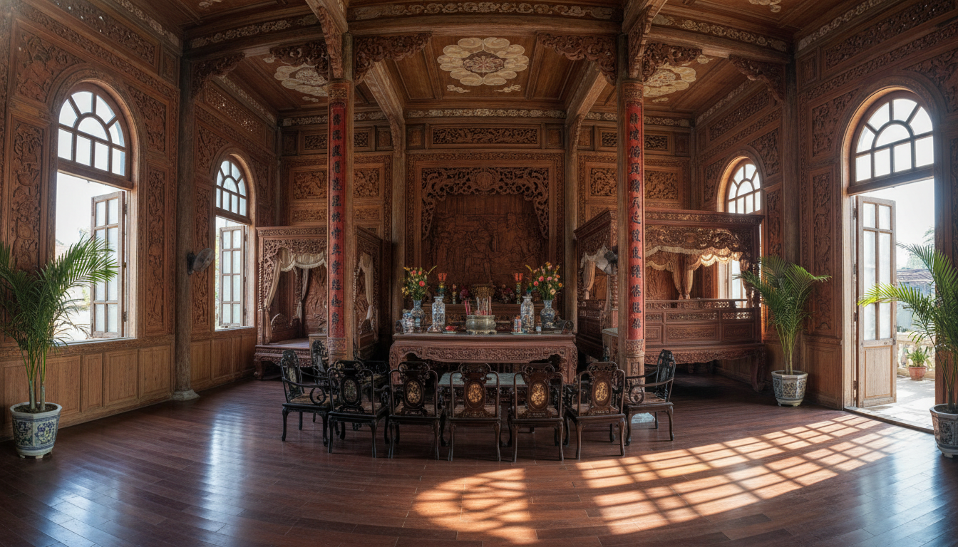 Image: The intricate wooden carvings and traditional Vietnamese furniture inside the Binh Thuy Ancient House, with sunlight filtering through French colonial-style windows, highlighting the blend of cultures.