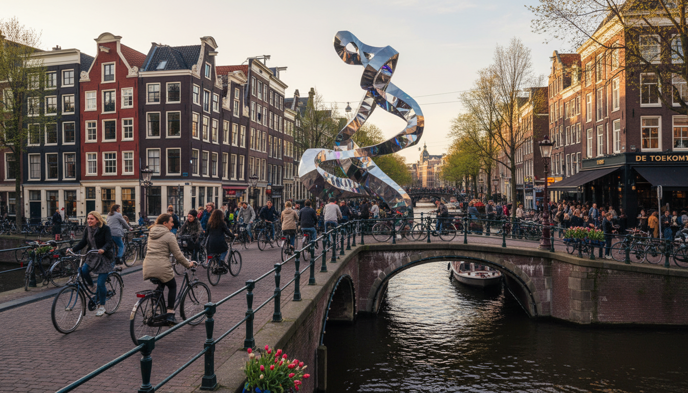 Image: A vibrant street scene in Amsterdam with historic canal houses, cyclists crossing a bridge, and a modern art installation subtly integrated into the urban landscape, symbolizing a blend of tradition and innovation.