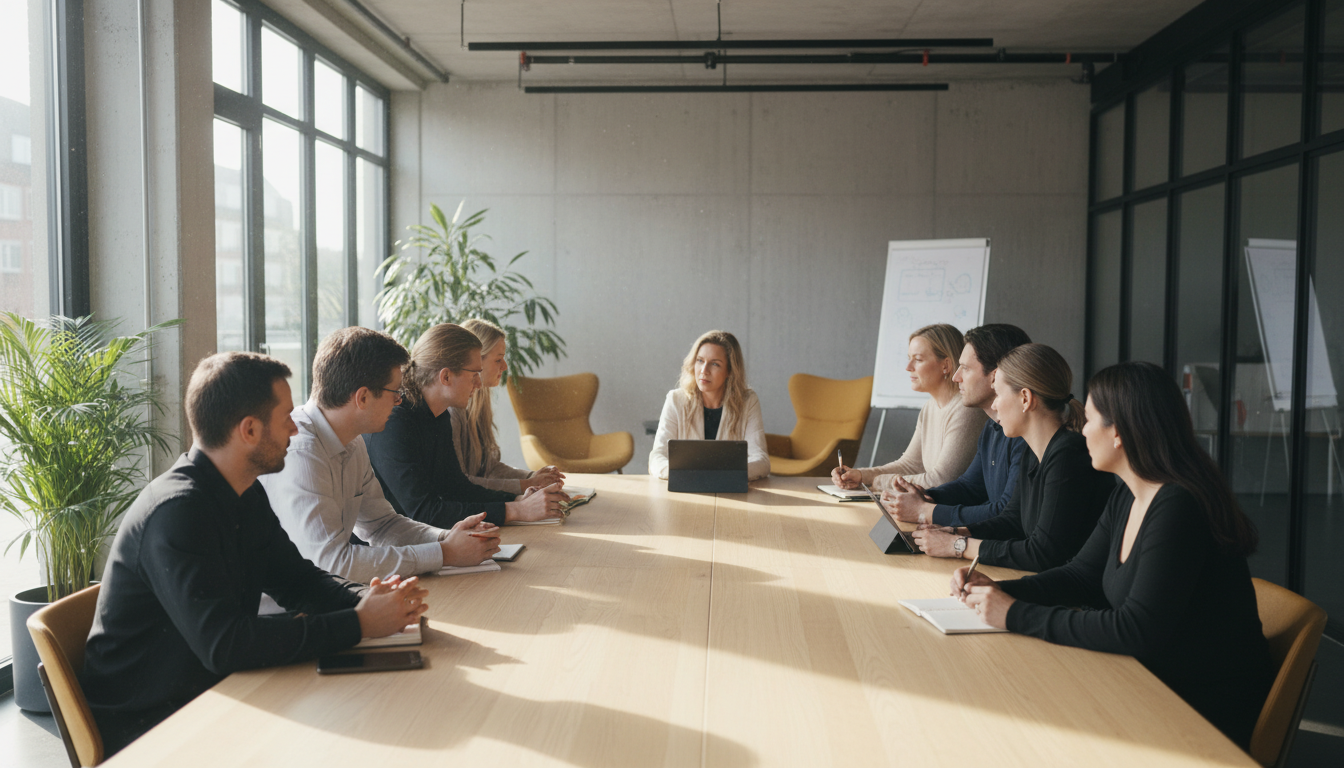 Image: A diverse group of people engaged in an earnest, open discussion around a table in a modern, minimalist Dutch co-working space flooded with natural light, reflecting collaboration and direct communication.