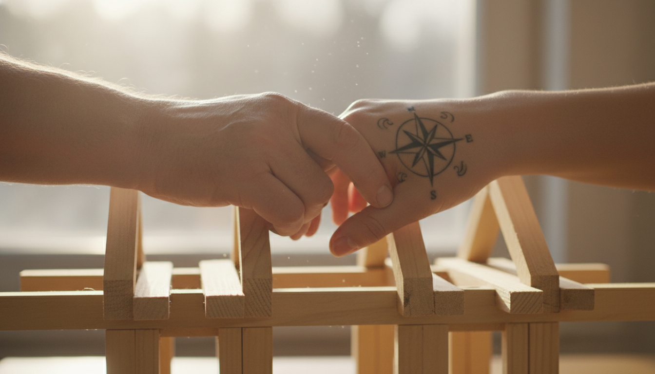 Image: A close-up of two diverse hands (e.g., one older with visible wrinkles, one younger with a tattoo) gently clasped together over a half-built wooden structure, symbolizing collaboration, shared humanity, and connection despite differences, set against a softly blurred background.