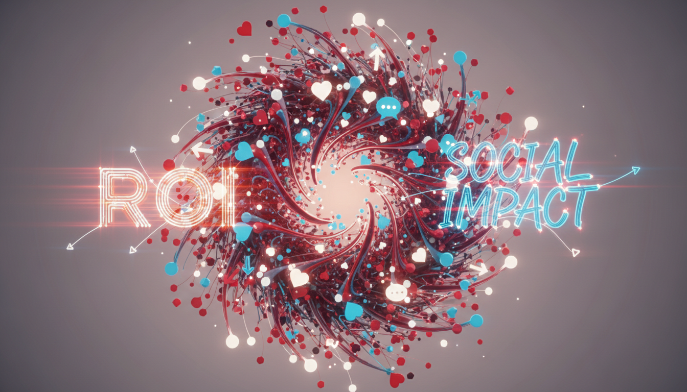 Image: An abstract visual representation of data points and positive emotional symbols (e.g., hearts, upward arrows, intertwined speech bubbles) organically growing and intertwining, subtly incorporating a color palette reminiscent of the Dutch flag (red, white, blue, orange accents), showing the integrated measurement of both ROI and social impact.