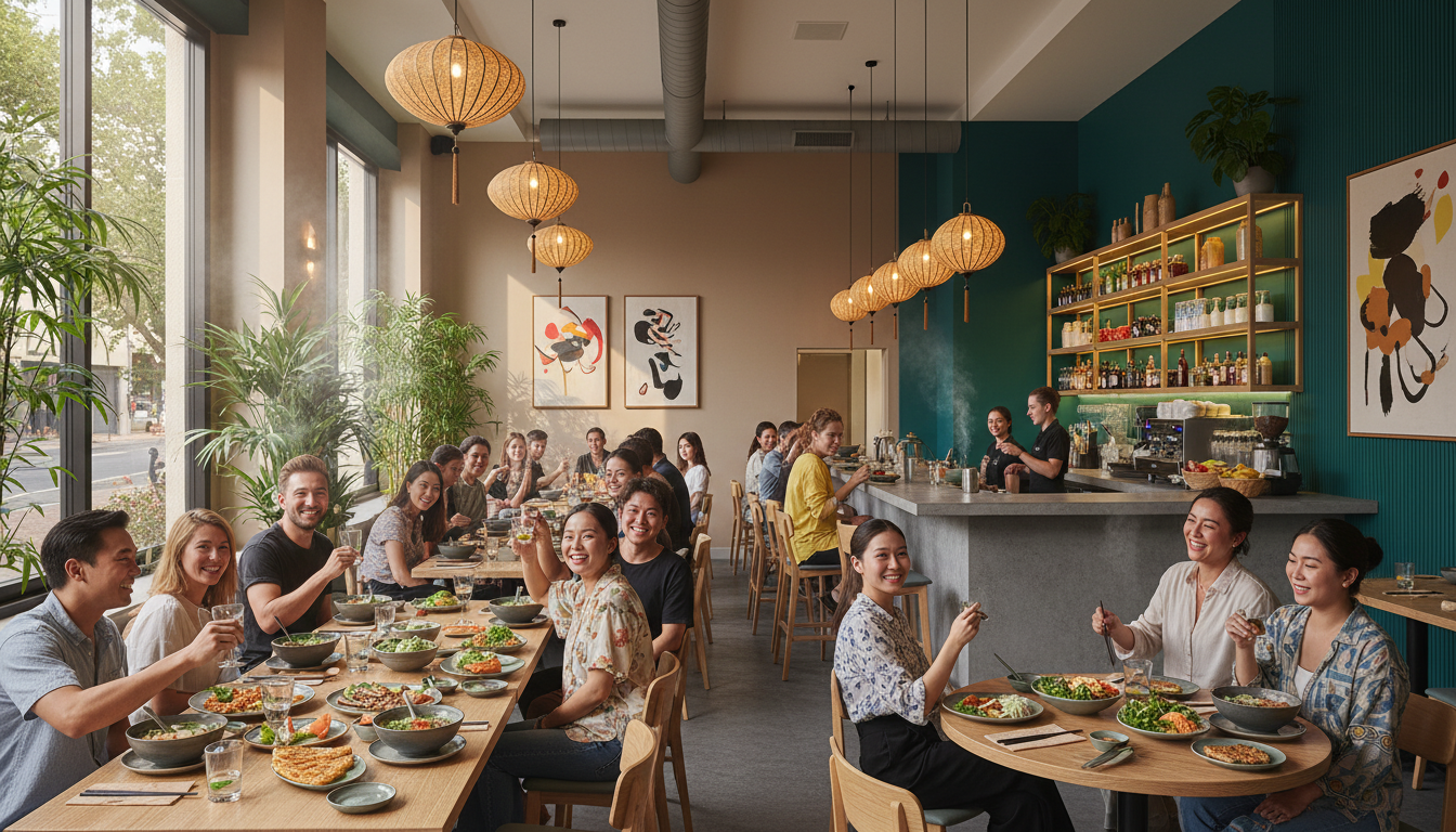 Image: A vibrant and inviting scene inside a modern Vietnamese restaurant in Adelaide, with diverse patrons enjoying various dishes. The decor is warm, featuring subtle Asian art and lush green plants.