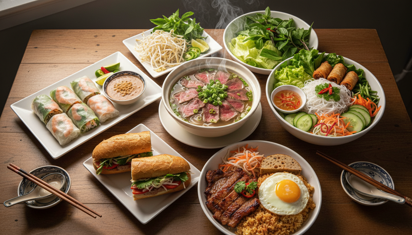 Image: A beautifully arranged spread of classic Vietnamese dishes: a steaming bowl of Phở with all its garnishes, a plate of fresh Gỏi Cuốn with peanut sauce, a vibrant Bún Chả Giò, a perfectly cut Bánh Mì, and a hearty Cơm Tấm.