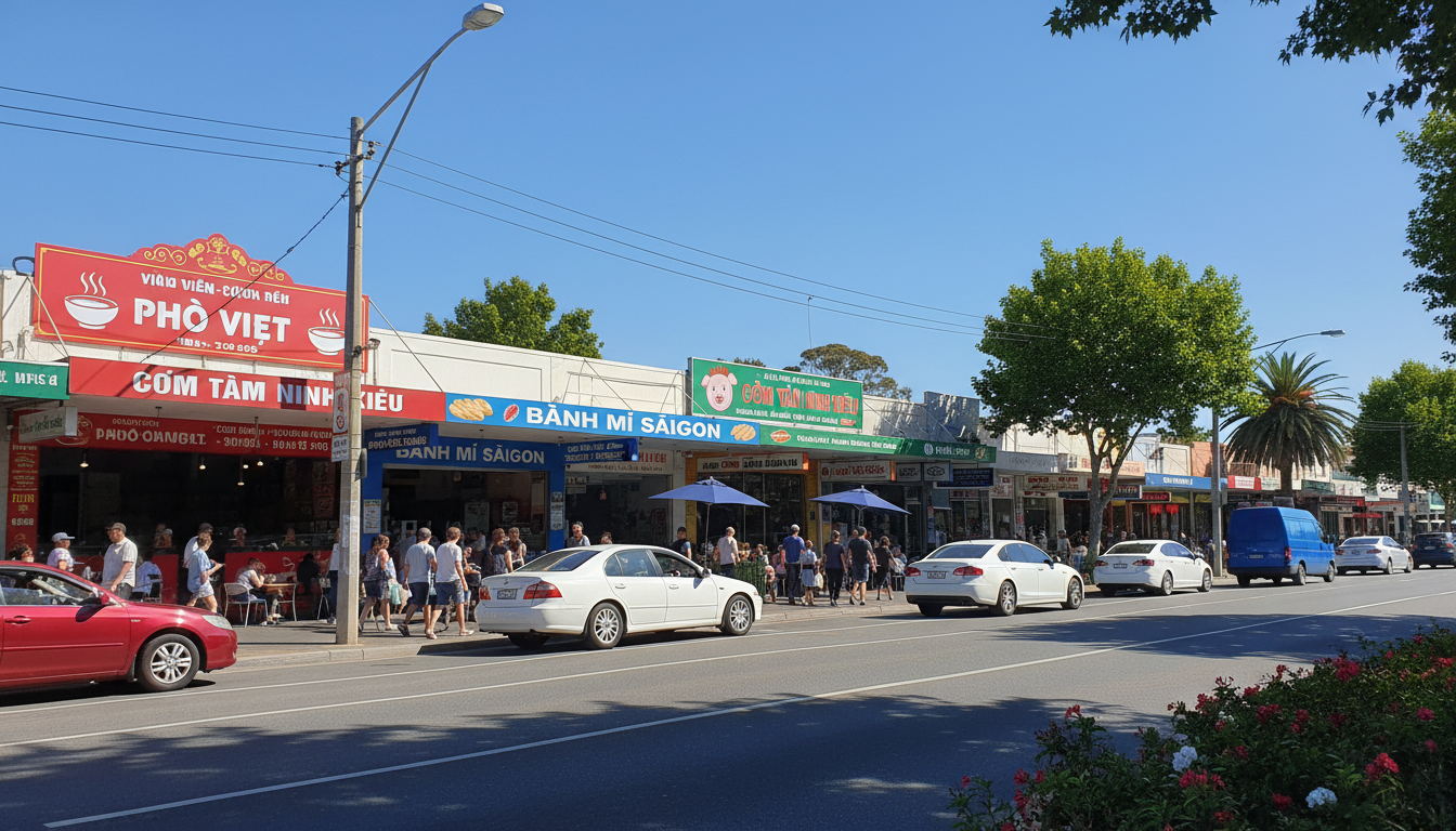 Image: A bustling street scene in Woodville Gardens, Adelaide, with multiple Vietnamese restaurants identifiable by their signs. People are walking on the pavement, and cars are parked along the street, capturing the lively atmosphere of a cultural hub.
