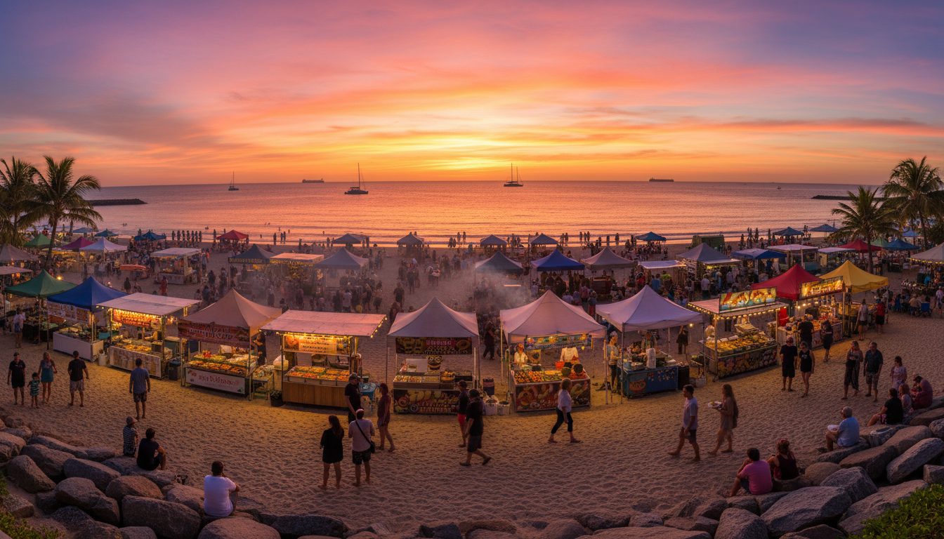 Image: A panoramic view of a vibrant Mindil Beach Sunset Market in Darwin, with diverse food stalls, people milling about, and a stunning orange and purple sunset over the Arafura Sea in the background.