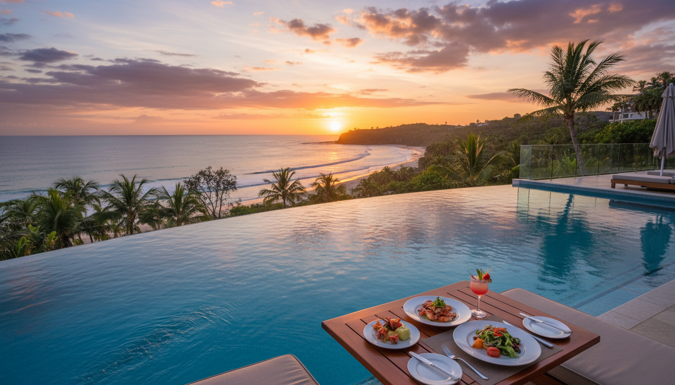 Image: A luxurious infinity pool overlooking a tropical Darwin coastline at sunset, with a gourmet meal and cocktail on a nearby table, hinting at high-end travel.