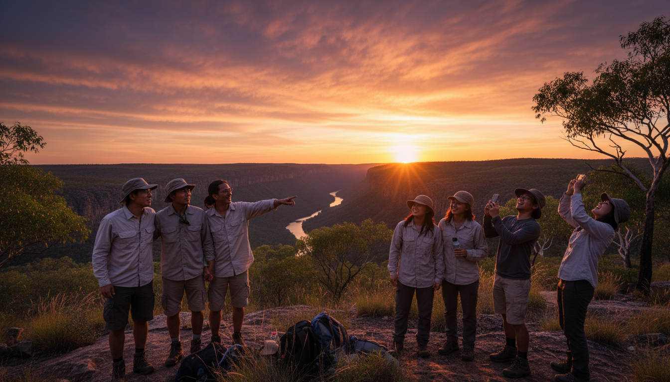 Image: A diverse group of travelers, including Vietnamese-Australians, enjoying a sunset view over a Top End landscape, perhaps with Nitmiluk Gorge in the distance, sharing a moment of connection and wonder.