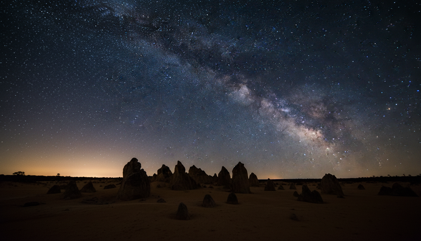 Image: A mesmerizing long-exposure photograph of The Pinnacles at night, with the Milky Way clearly visible arching across the dark sky. The limestone formations are silhouetted against the starry backdrop, and a faint glow from the distant horizon hints at light pollution.
