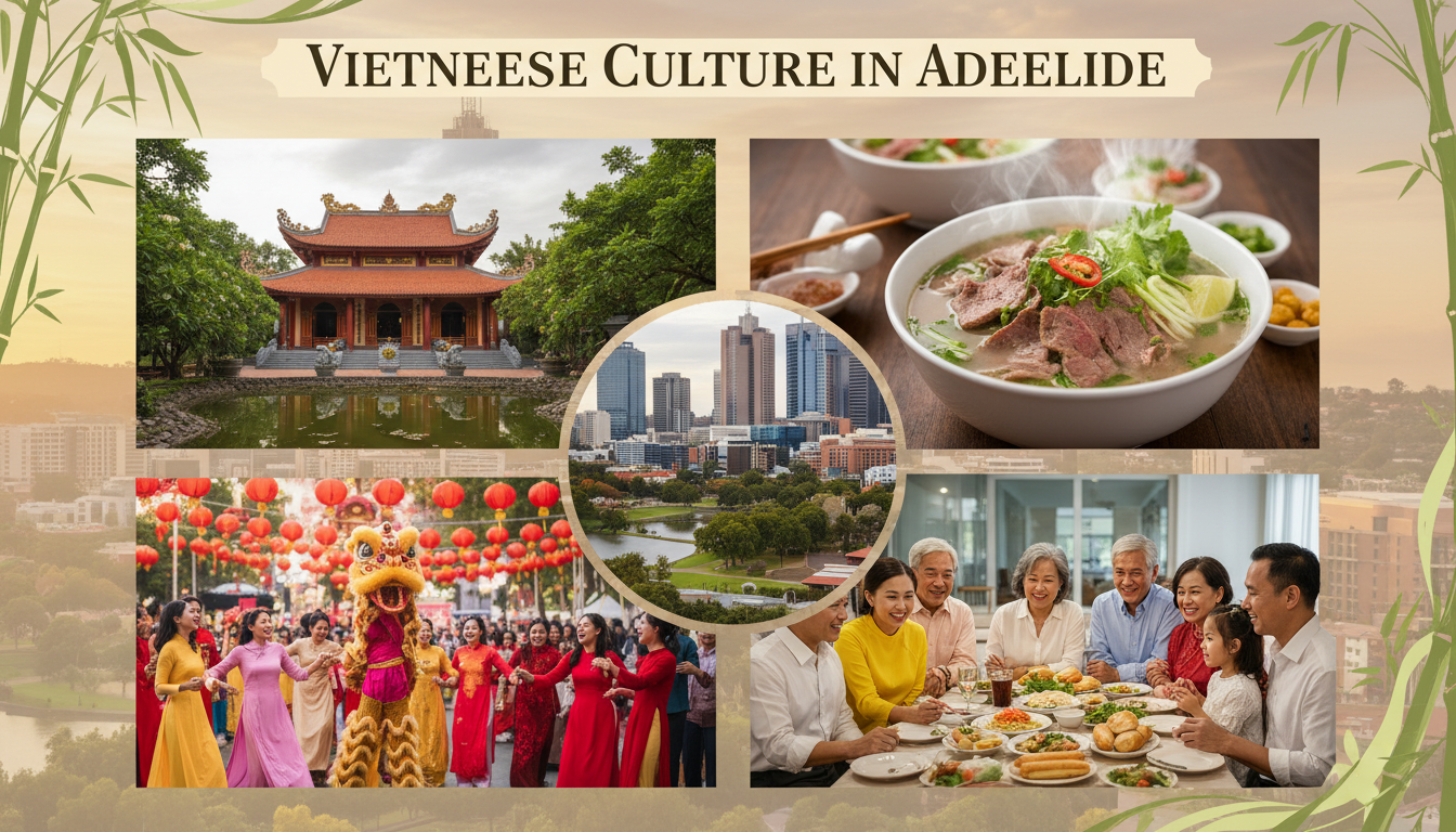 Image: A vibrant montage showcasing diverse aspects of Vietnamese culture in Adelaide: a serene temple exterior, a close-up of a steaming bowl of phở, a group of people enjoying a community festival, and a Vietnamese-Australian family sharing a meal, all set against a subtle backdrop of Adelaide's cityscape