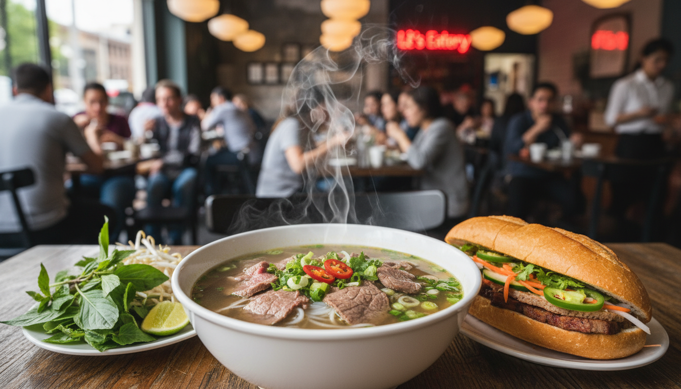 Image: A bustling Vietnamese eatery on Hanson Road, Woodville Gardens, Adelaide. A close-up shot focuses on a steaming, perfectly garnished bowl of Phở with a side of fresh herbs, next to a crisp, fully loaded Bánh mì. Blurred background shows lively restaurant activity.