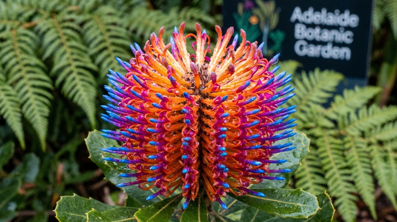 Image: A close-up, artistic shot of a vibrant, exotic flower in the Adelaide Botanic Garden, with soft-focus greenery in the background, showcasing intricate details and rich colors.