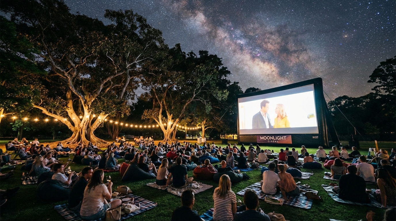 Image: A nighttime scene at the Moonlight Cinema in Adelaide Botanic Garden, with a large outdoor screen showing a movie, people on picnic blankets on the grass, and ancient trees silhouetted against a starry sky.