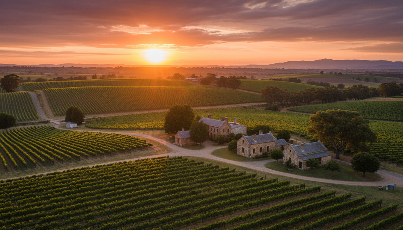 Image: A breathtaking panoramic view of the Barossa Valley vineyards during a golden hour sunset. Rolling hills covered in neat rows of grapevines stretch into the distance, with a warm, soft light illuminating the landscape. A few historic stone buildings are nestled among the vineyards, suggesting centuries of winemaking tradition.