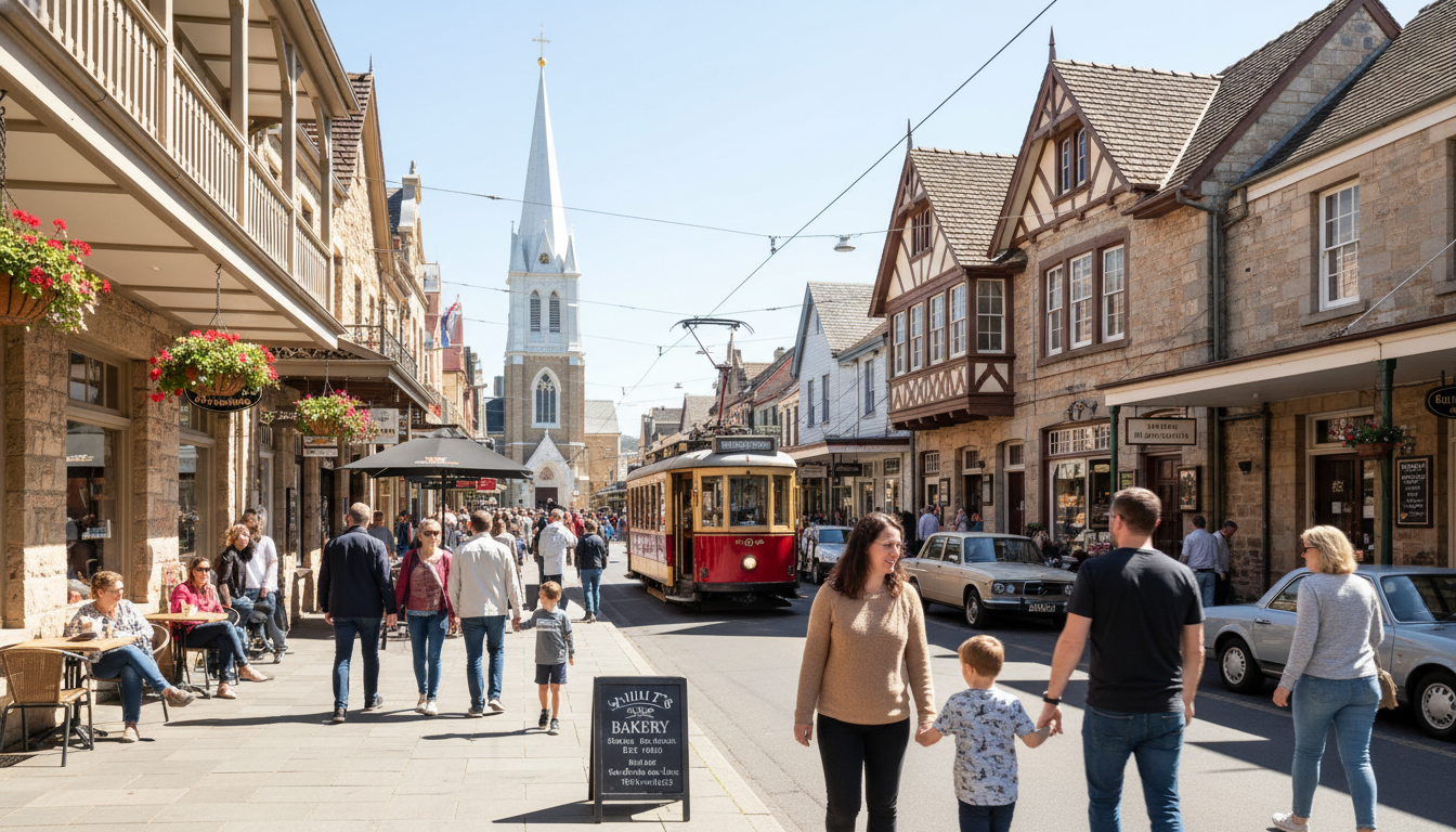 Image: A charming and bustling street scene in Tanunda, South Australia. The image features historic German-style architecture with prominent gables and intricate details, including a historic Lutheran church spire in the background. People are strolling along the wide footpath, some stopping at outdoor cafes or browsing shop windows.