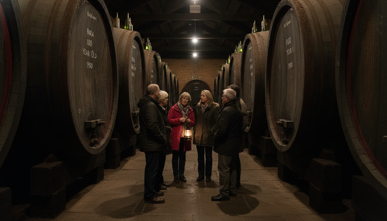 Image: The interior of Seppeltsfield's historic Centennial Cellar, a dimly lit, atmospheric space. Rows upon rows of ancient, large oak barrels are stacked neatly, stretching into the background. A small group of people are on a guided tour, listening intently as a guide points to a particular barrel. Soft light highlights the dusty, time-worn wood of the barrels.