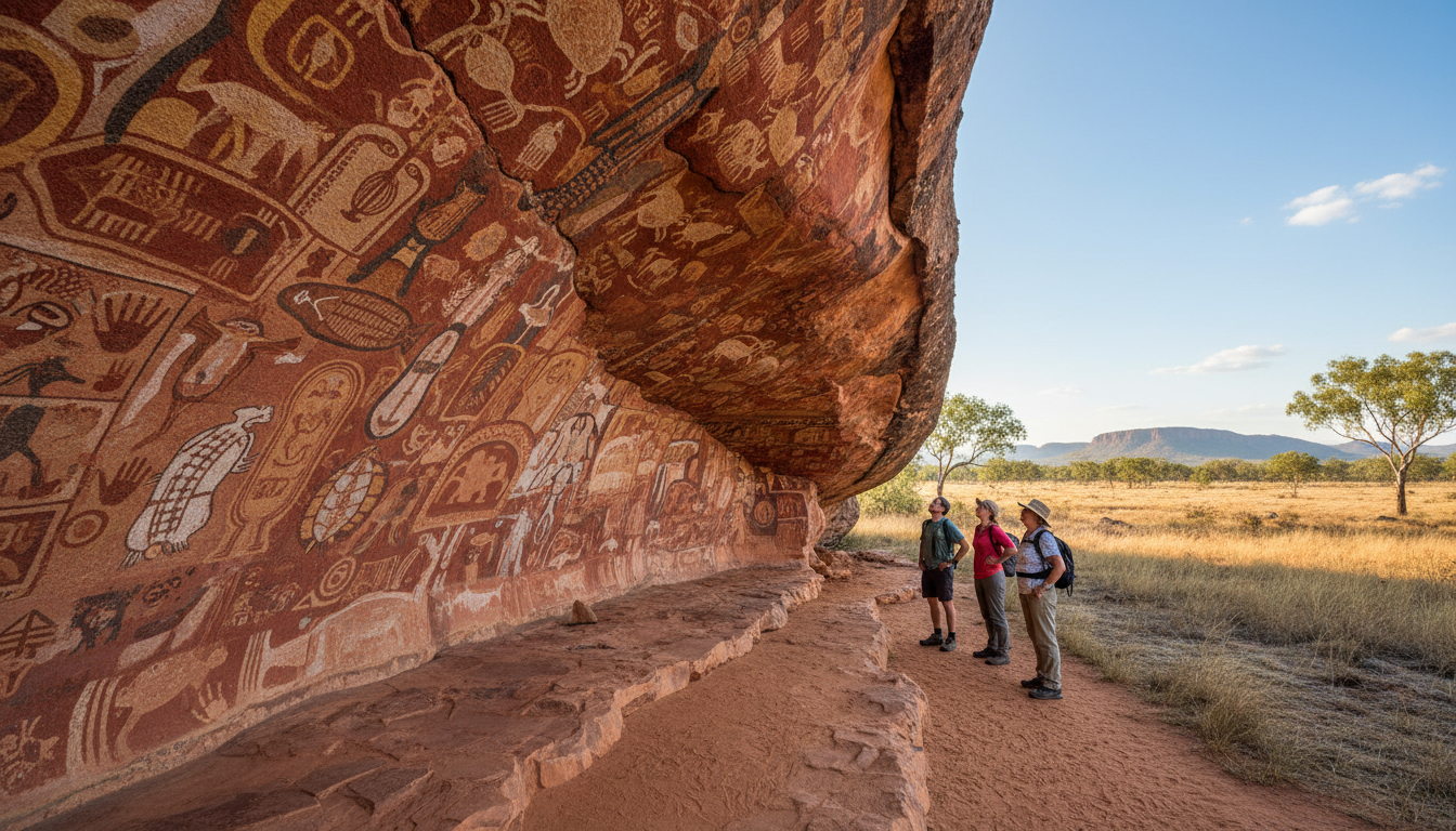 Image: An ancient Aboriginal rock art gallery at Ubirr in Kakadu National Park, showing detailed paintings of animals and human figures on a sandstone rock overhang, with natural light illuminating the vibrant ochre colours. A few respectful visitors are observing the art from a distance.