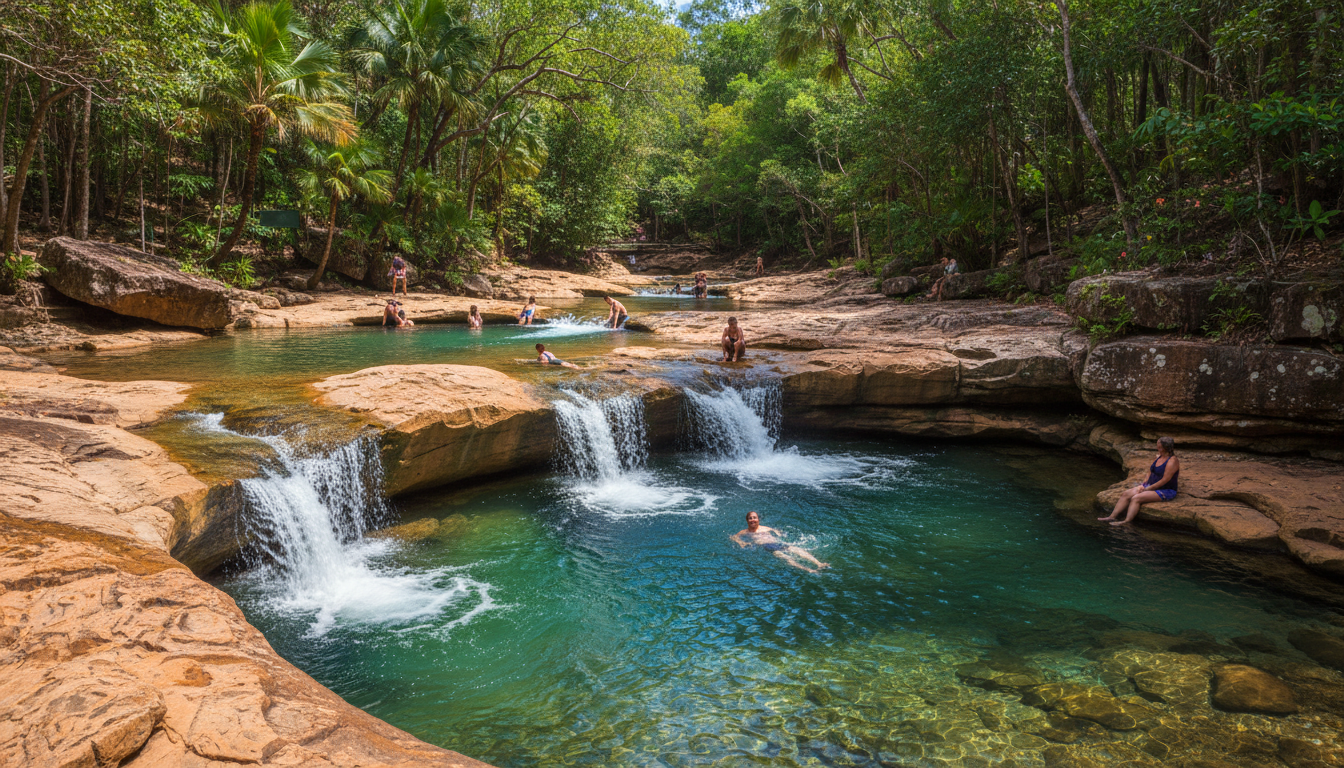 Image: People swimming and relaxing in the crystal-clear natural pools at Buley Rockhole in Litchfield National Park, surrounded by lush green tropical vegetation and smooth orange rock formations, with gentle cascades of water flowing between the rock terraces.