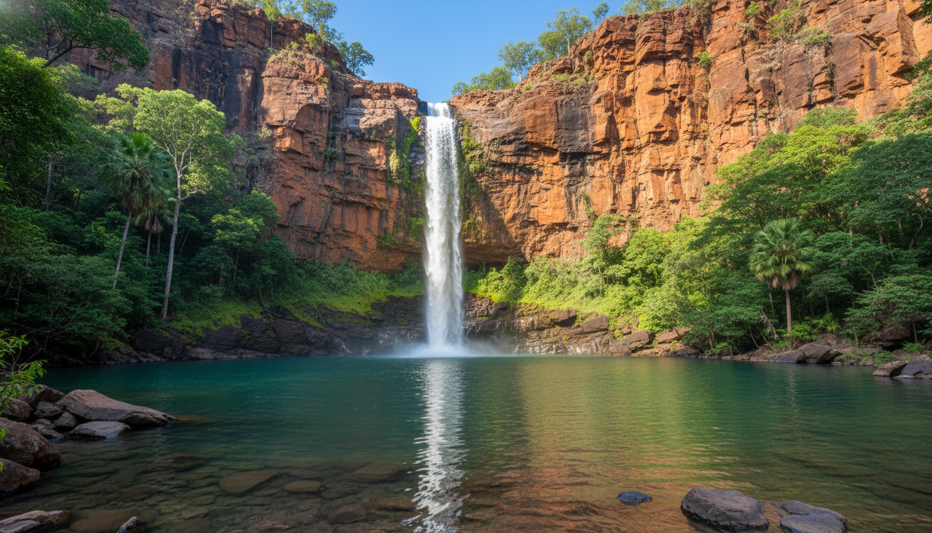 Image: A powerful cascading waterfall, Jim Jim Falls, in Kakadu National Park, plunging over a dramatic red sandstone escarpment into a deep, clear pool below, surrounded by dense green monsoon forest. The scene evokes a sense of grandeur and untouched wilderness.