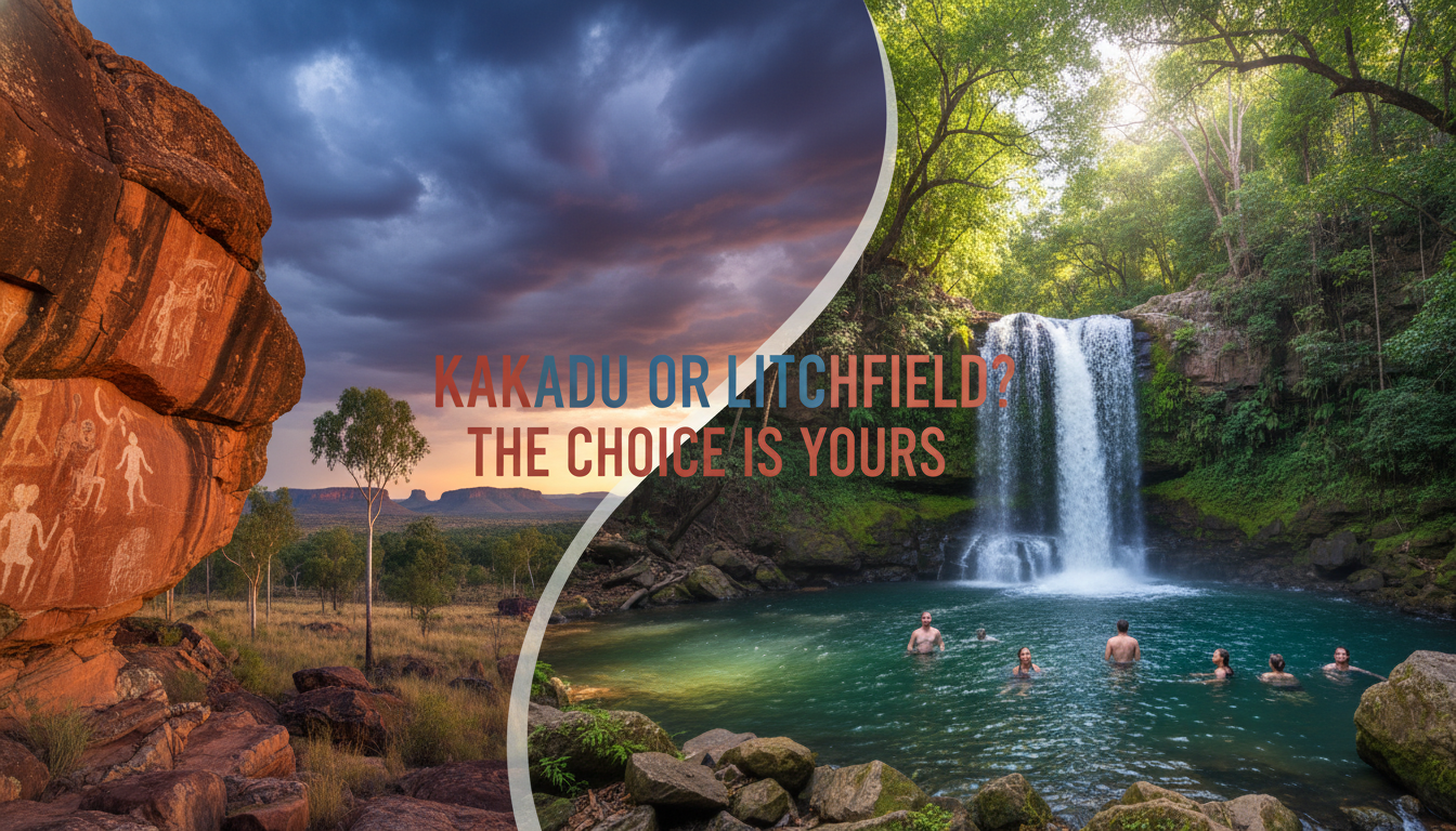 Image: A vibrant montage image showing elements of both Kakadu and Litchfield: on one side, a grand panoramic view of Kakadu's Nourlangie rock art site under a dramatic sky, and on the other, a refreshing swimming hole at Florence Falls in Litchfield with people enjoying the water, seamlessly blended to represent choice.