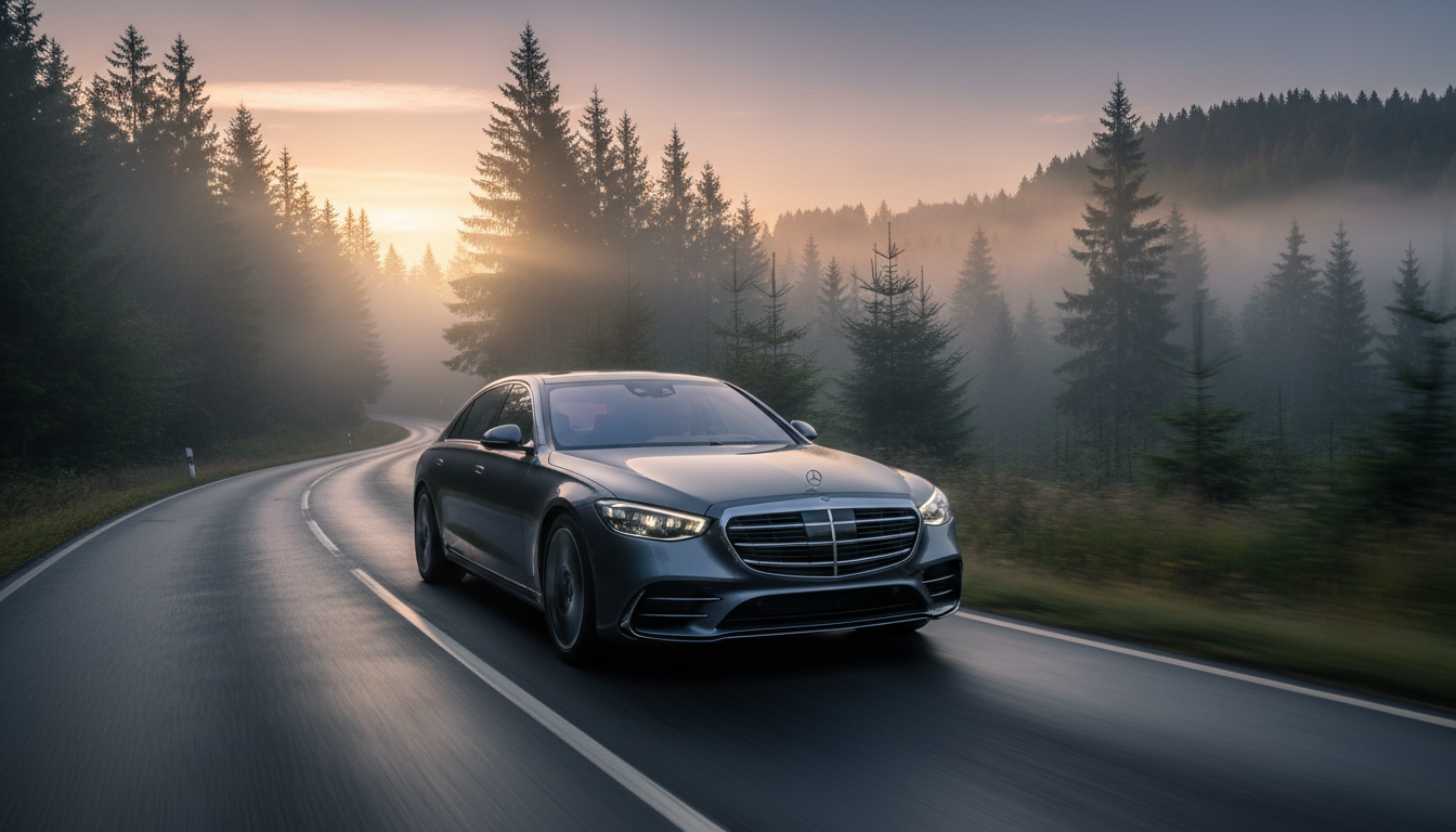 Image: A sleek, modern German luxury car (e.g., Mercedes-Benz S-Class, BMW 7 Series, Audi A8) glides silently through a misty, picturesque Black Forest landscape at dawn. The car