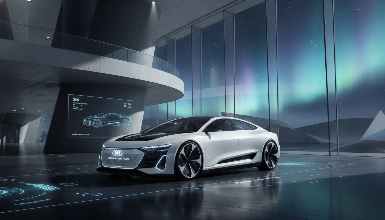 Image: A minimalist and futuristic Audi concept car, perhaps an electric e-tron model, parked in a sleek, architecturally striking modern showroom or against a clean, abstract background. The lighting should be dramatic, highlighting the car