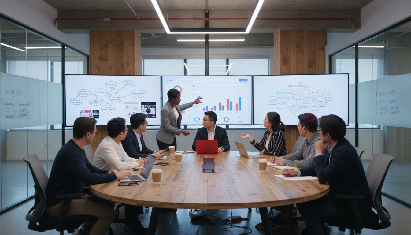 Image: A diverse group of marketing professionals and data analysts collaborating in a modern, high-tech office environment. They are looking at large screens displaying analytics dashboards, market research data, and creative concepts for advertising campaigns. The atmosphere is collaborative and innovative.