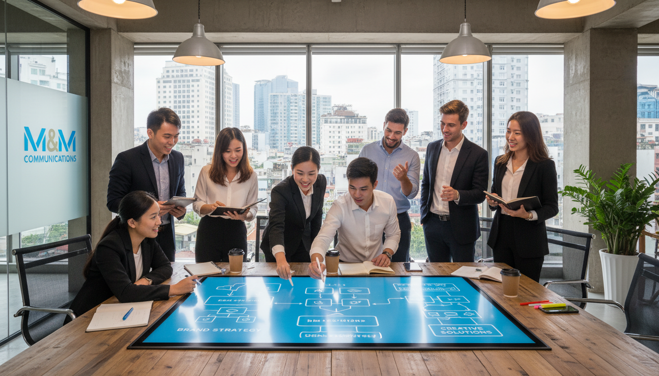 Image: An inspiring and dynamic shot showing a diverse M&M Communications team in Ho Chi Minh City, Vietnam, brainstorming creatively around a large whiteboard or digital screen. The office space is modern and vibrant, reflecting innovation and collaboration. They are actively engaged, sketching ideas, and discussing concepts with enthusiasm.