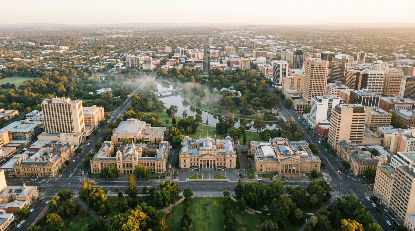 Image: A wide, aerial shot of Adelaide's elegant city centre, showcasing its grid layout, abundant green spaces like the Botanic Garden, historic buildings, and the gentle flow of the Torrens River. The light is soft morning light, highlighting the city's relaxed and sophisticated atmosphere.