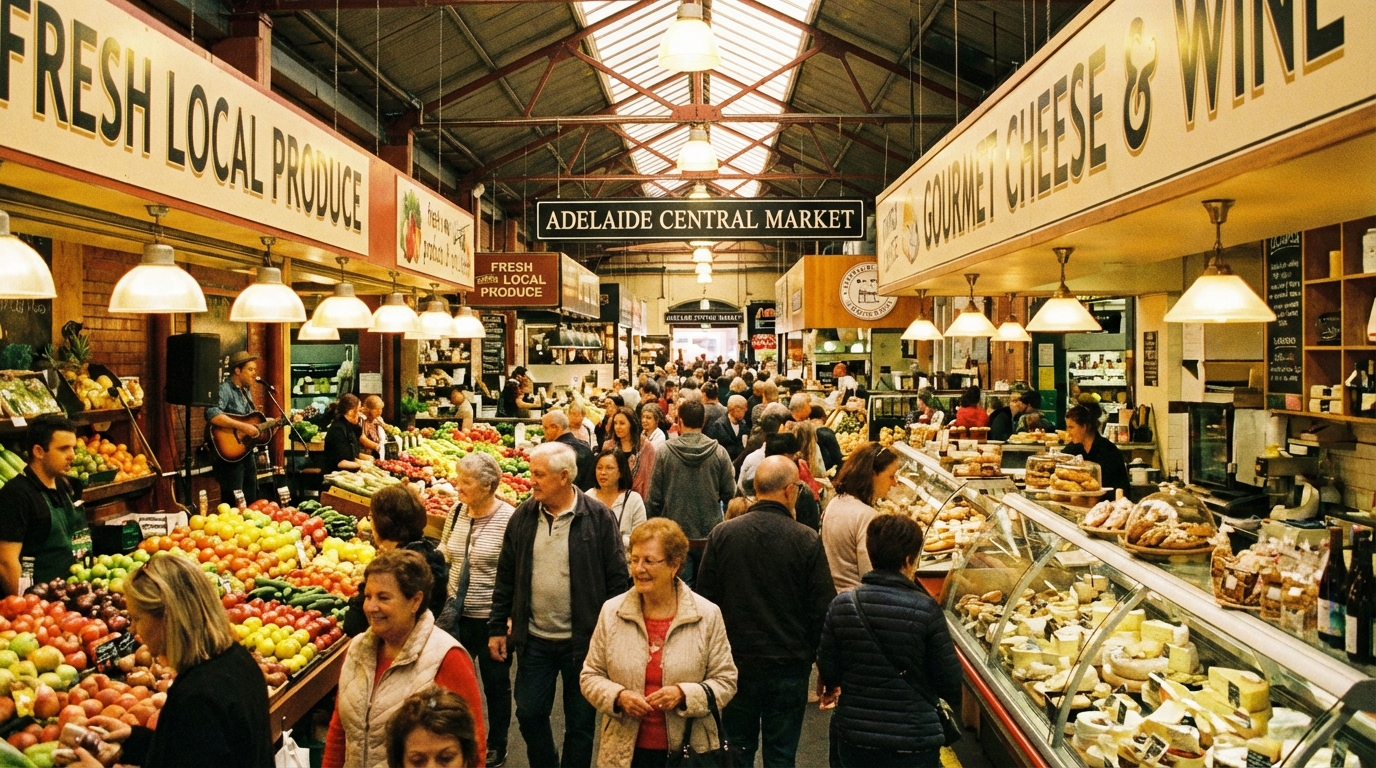 Image: A bustling, colourful scene at the Adelaide Central Market. People of diverse ages and backgrounds are browsing stalls laden with fresh produce, gourmet foods, and artisanal products. There's a joyful, community atmosphere with warm lighting and a sense of abundance.