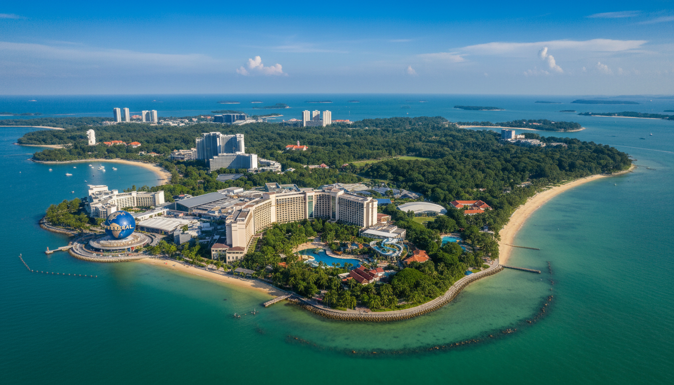 Image: A wide aerial shot of Sentosa Island, Singapore, showcasing a mix of lush green tropical foliage, pristine beaches, and various iconic attractions like Universal Studios globe, Resorts World Sentosa, and the Merlion statue in the distance. The sky is bright blue with a few wispy clouds.