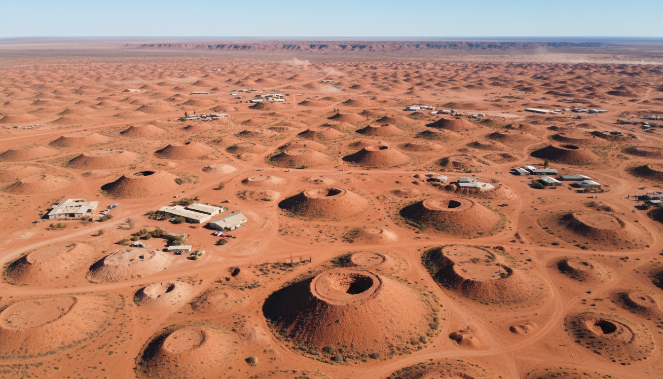 Image: An aerial view of Coober Pedy showcasing a vast, arid red landscape dotted with countless small hills of excavated earth (mullock heaps) and visible mine shafts, with a few low-lying buildings barely visible, emphasizing the lunar-like, remote environment.