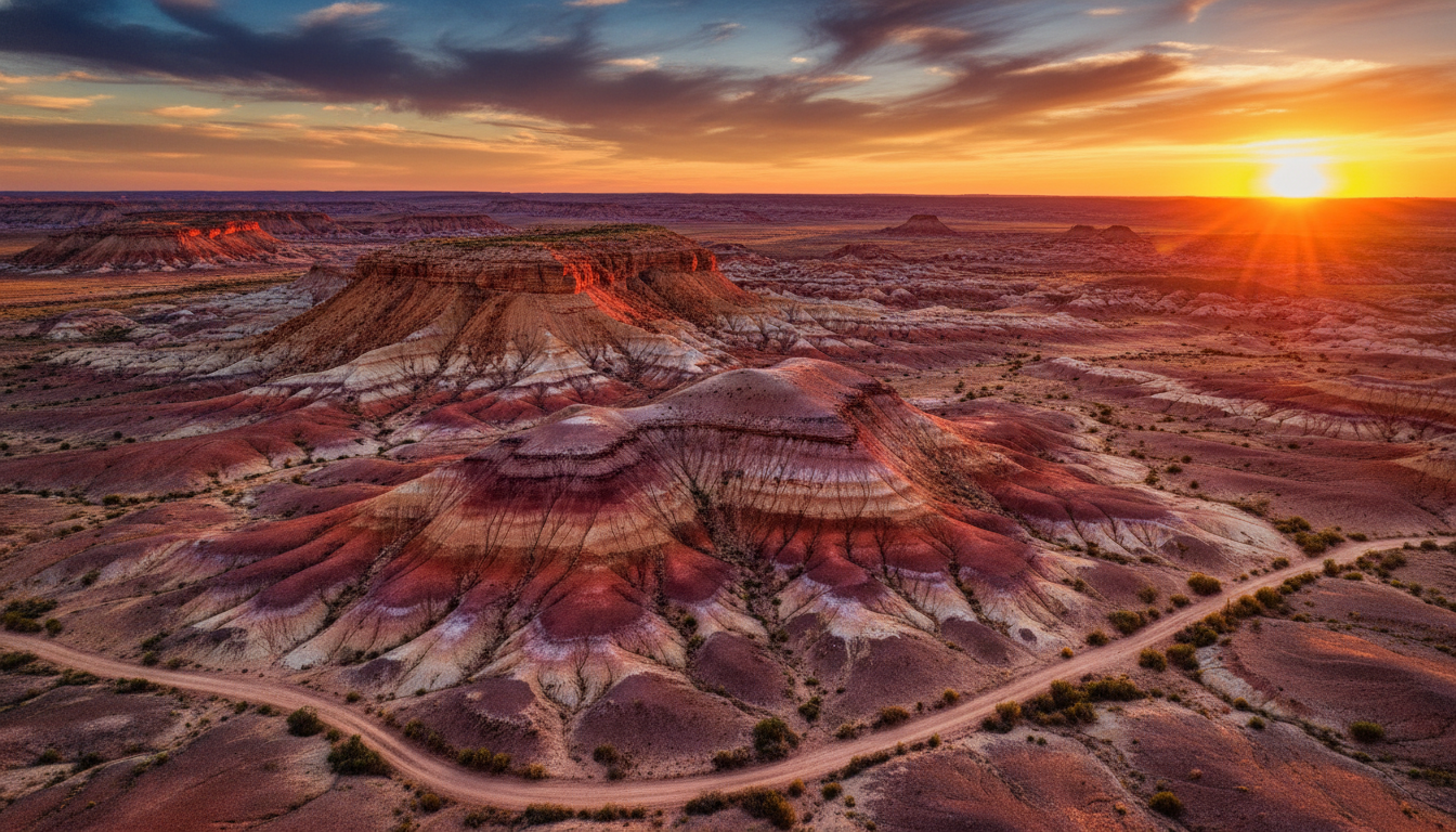 Image: The stunning, colourful landscape of The Breakaways near Coober Pedy at sunset, showcasing vibrant red, orange, and purple hues on flat-topped mesas and low hills against a dramatic sky.