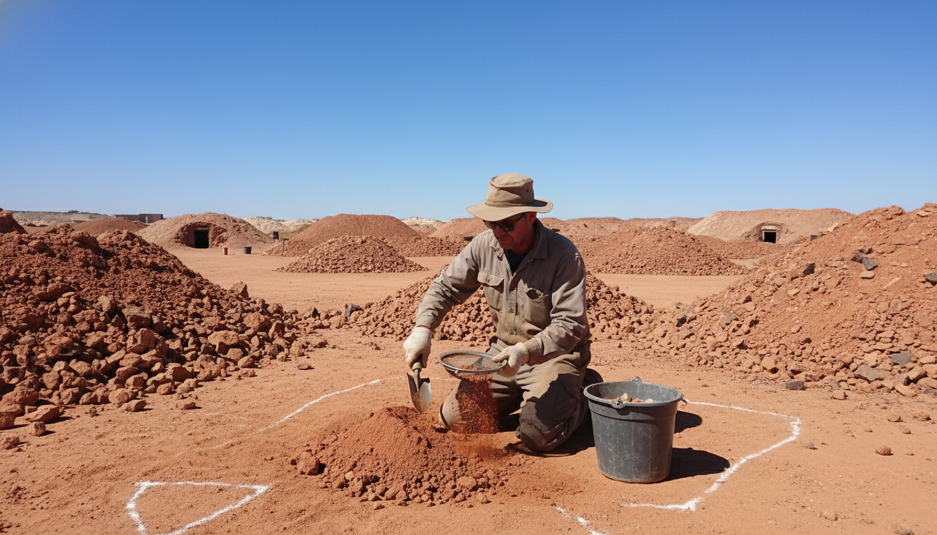 Image: A person kneeling in a designated public noodling area in Coober Pedy, sifting through red earth with a small trowel and a bucket, looking intently for opals. The background shows more mullock heaps under a clear blue sky.