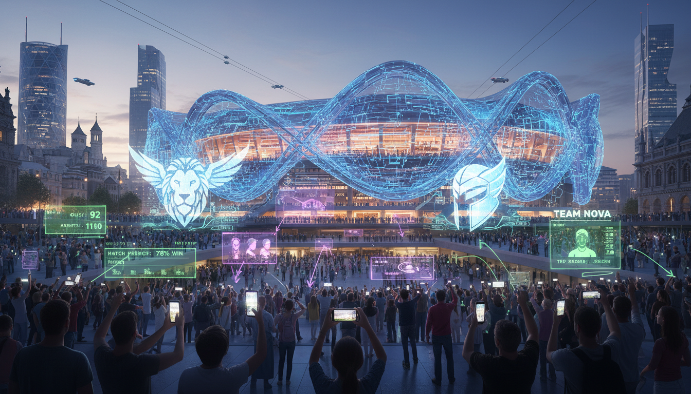 Image: A futuristic sports stadium in Europe with a dynamic, illuminated facade, seen at dusk. Holographic projections of team logos and player statistics are visible in the foreground, blending seamlessly with the architecture. Fans are interacting with AR overlays on their mobile devices, showing a vibrant, technologically advanced atmosphere.