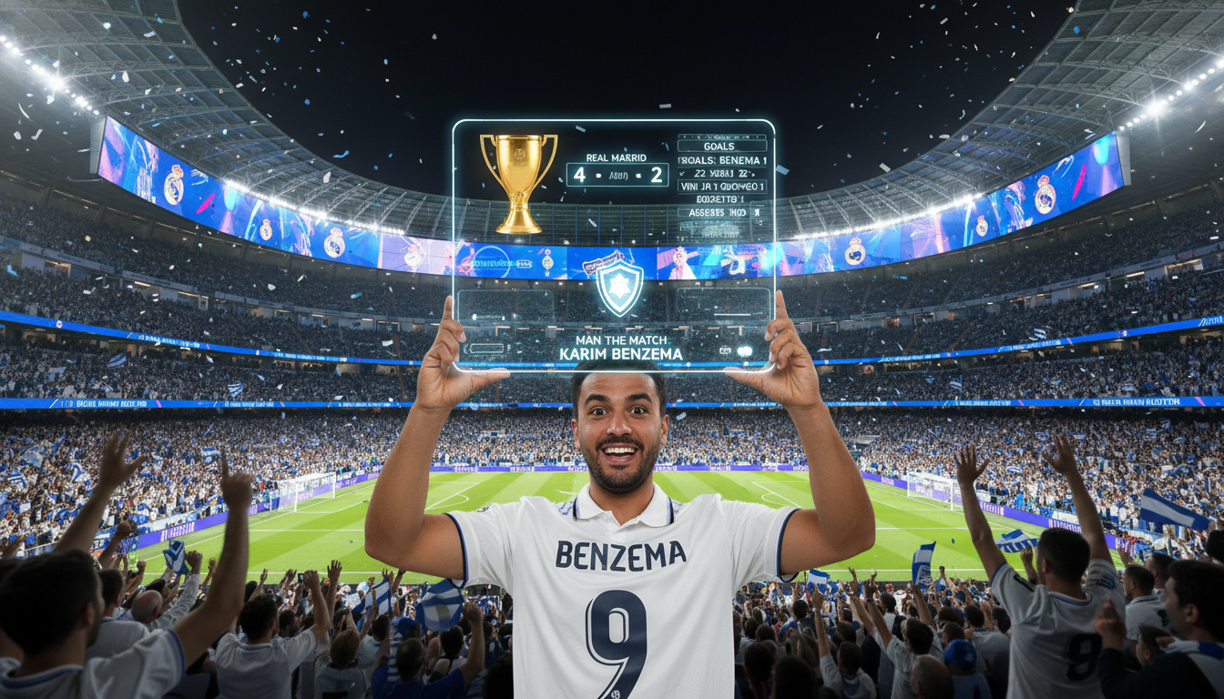 Image: An excited football fan wearing a Real Madrid jersey, holding a smartphone with an augmented reality overlay showing player statistics and a virtual trophy. The background depicts the modern Santiago Bernabéu Stadium interior, with vibrant digital displays and a cheering crowd, conveying a sense of immersive engagement.