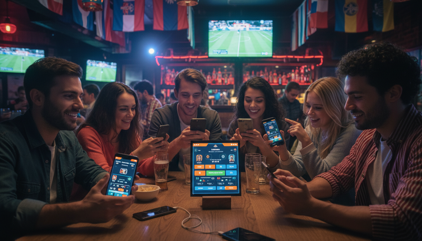 Image: A diverse group of young adults engrossed in their smartphones at a vibrant sports bar in Europe. Their screens display a gamified sports app with colorful graphics, leaderboards, and interactive polls. The atmosphere is lively, with team flags and jerseys visible, highlighting communal engagement through digital play.