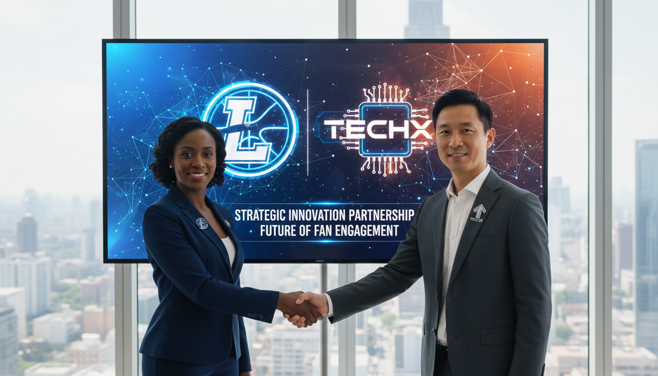 Image: Two diverse business professionals, one representing a major sports league and the other a tech innovation company, shaking hands in a modern, sunlit office. A large digital screen in the background displays overlapping logos and graphics representing a strategic, purpose-driven partnership campaign, emphasizing collaboration and innovation.