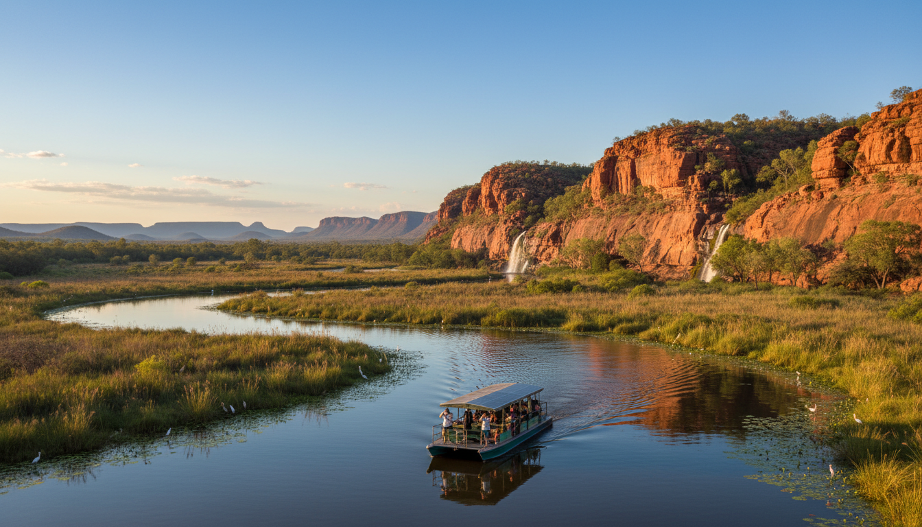 Image: A breathtaking panoramic view of the Top End's diverse landscape, featuring lush green wetlands, ancient red rock escarpments, and a clear blue sky. In the foreground, a small, eco-friendly tour boat navigates a winding river, emphasizing sustainable exploration.