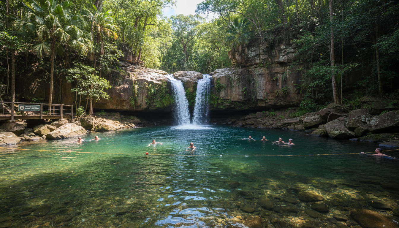 Image: A pristine scene at Florence Falls in Litchfield National Park, showing crystal-clear water cascading into a natural plunge pool surrounded by lush tropical vegetation. A few visitors are respectfully swimming in the designated area, highlighting the balance between enjoyment and conservation.
