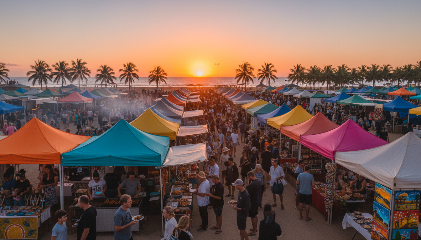 Image: A lively and colorful scene at the Mindil Beach Sunset Market in Darwin. Stalls are bustling with people, showcasing diverse street food, local crafts, and Indigenous art. The golden light of a setting sun casts a warm glow over the market, with palm trees visible in the background.