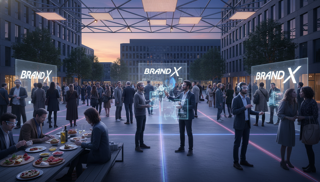 Image: A diverse group of people, aged 25-45, from various European backgrounds, are engaged in a dynamic, multi-sensory brand activation event in a modern, open-air plaza. They are interacting with augmented reality displays, tasting artisanal food samples, and listening to immersive audio experiences through headphones. The scene is vibrant, with soft, futuristic lighting and subtle brand logos integrated seamlessly into the environment.
