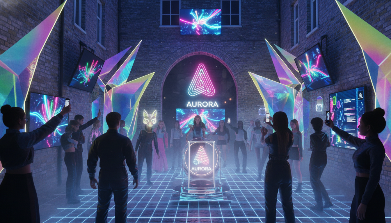 Image: A vibrant, futuristic pop-up art installation in a historic London alleyway. Neon lights illuminate abstract sculptures and digital screens displaying interactive art. Young, diverse individuals are capturing photos and videos with their smartphones, some interacting with augmented reality elements that project brand logos or artistic filters onto their surroundings. A subtle, high-end beverage brand logo is integrated into the artistic design.