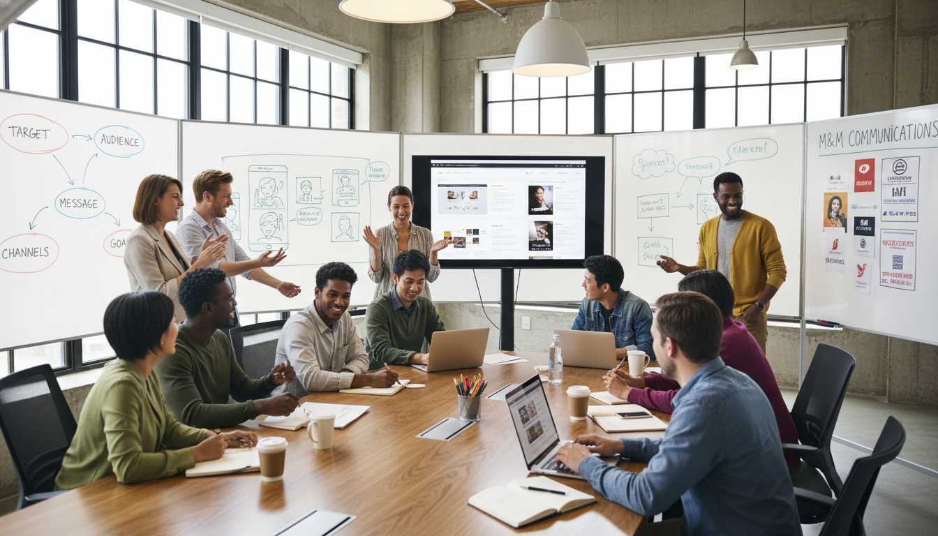 Image: A collaborative meeting room filled with diverse M&M Communications team members, actively brainstorming ideas for a branding campaign. Whiteboards are covered with creative concepts, storyboards, and digital mock-ups. The atmosphere is dynamic and energetic, with team members using tablets and laptops to integrate ideas, reflecting M&M