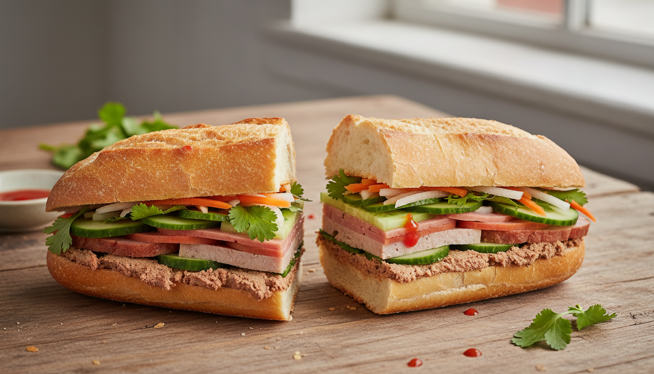 Image: A perfectly crafted Bánh Mì, sliced in half to reveal its vibrant layers: crispy baguette, various Vietnamese cold cuts, creamy pâté, pickled carrots and daikon, fresh cucumber, and coriander, with a subtle hint of chili sauce. The setting is a clean, rustic wooden table.