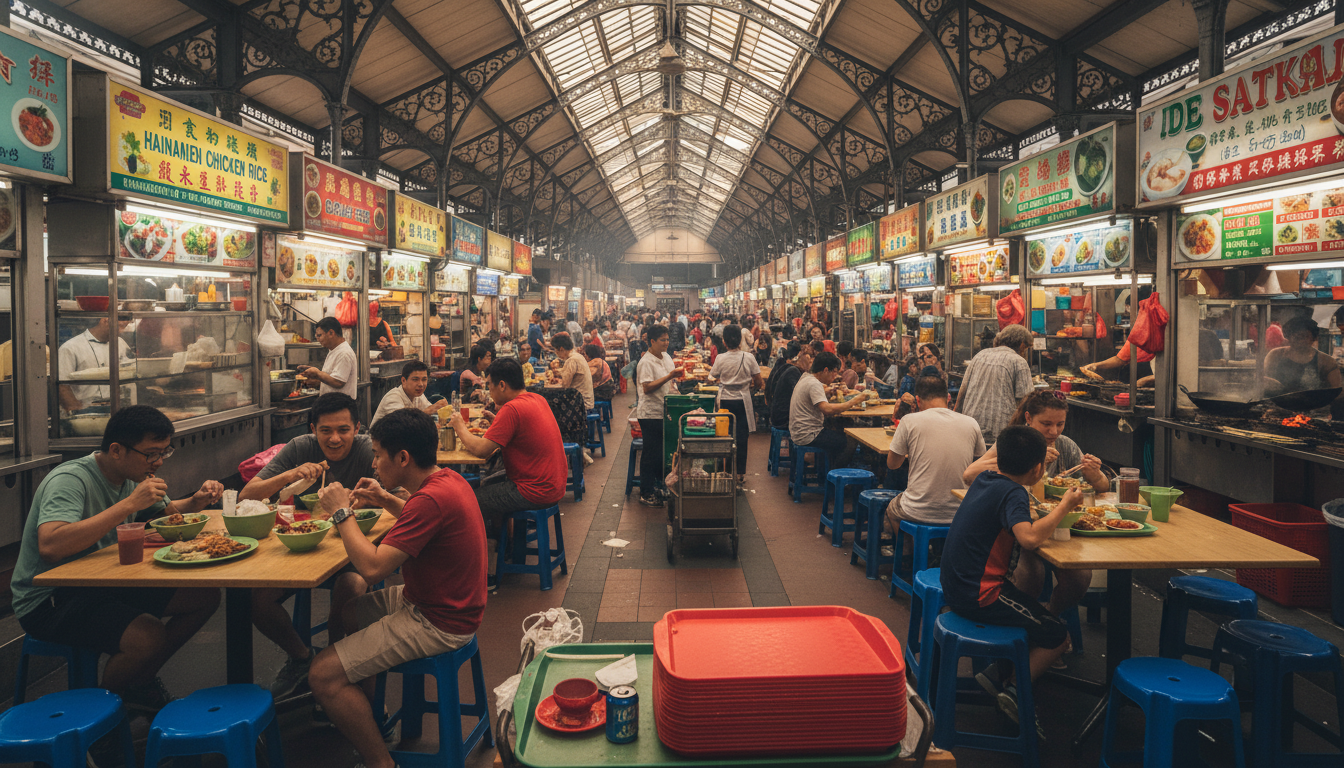 Image: A bustling, vibrant hawker centre in Singapore, possibly Lau Pa Sat or Maxwell Food Centre, filled with locals and tourists alike. The scene should be lively, with visible food stalls displaying various dishes, people eating at communal tables, and the overall atmosphere being energetic and inviting.